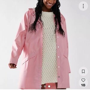 RAINS Bubble Gum Pink Long Line Button Up Hooded Waterproof Rain Jacket,  M/L